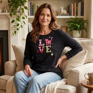 Quacker Factory Black "LOVE" Cat Top - Embroidered Rhinestone - Size L